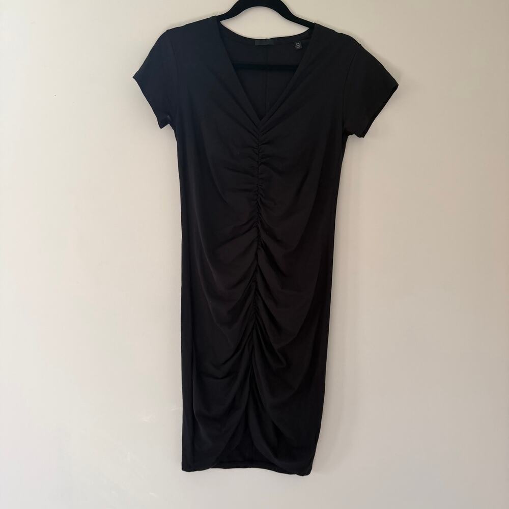 ATM Black Pima Cotton Blend Ruched Front Short Sleeve Bodycon Dress Size Medium